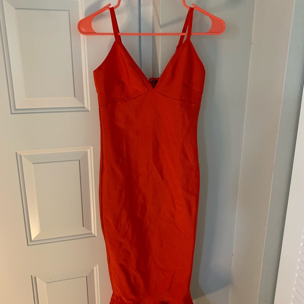 Red Bandage Strappy Frill Hem Midi Dress